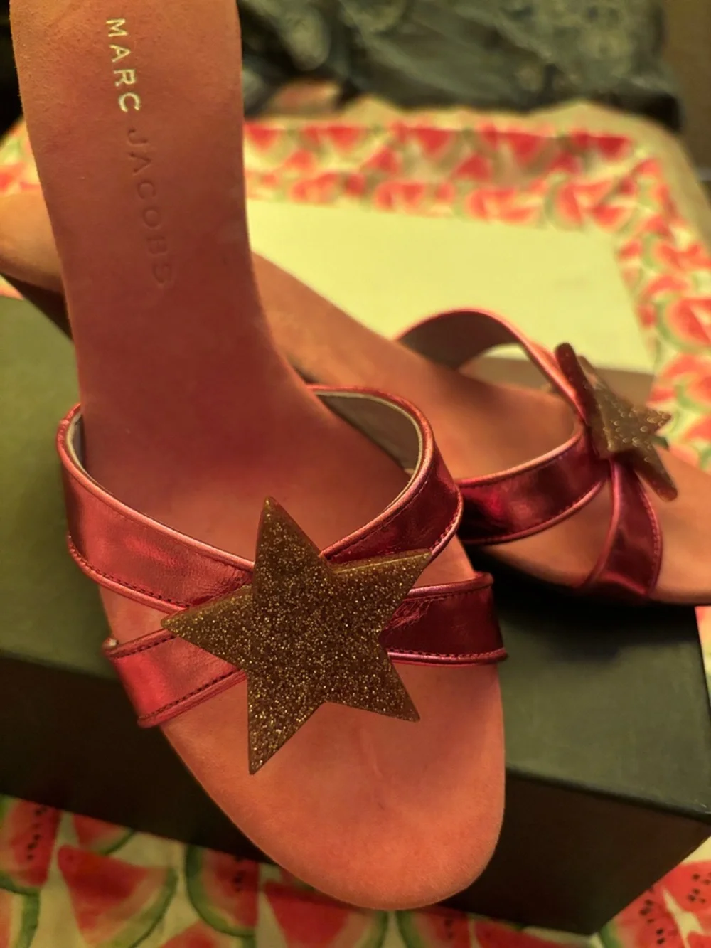 Marc Jacobs Metallic Pink Star-Embellished Slide Mules - Picture 3 of 4